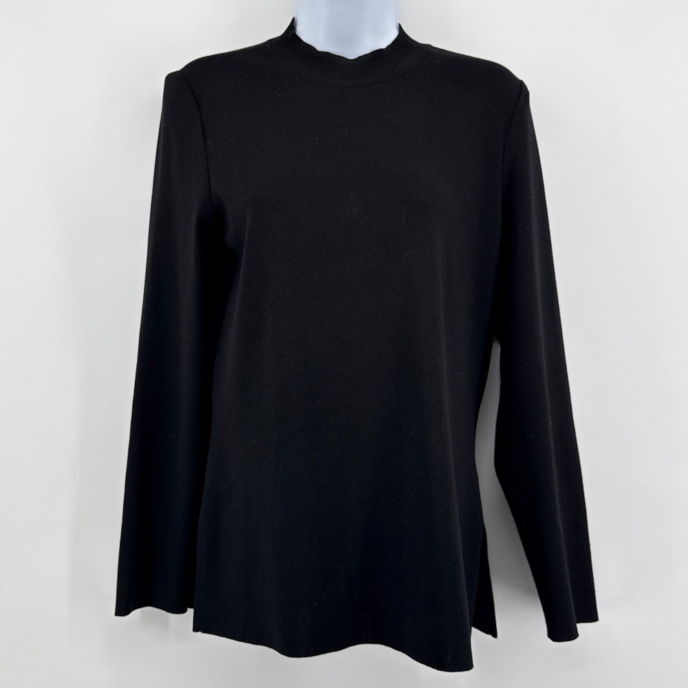 Ming Wang Black Mock Neck Knit Top Sweater Small Back Zip Long Sleeve Cuffed